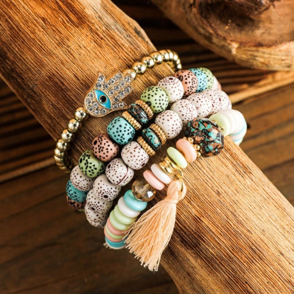 Multicolor Boho Rhinestone Tassel Natural Beads Bracelet Set